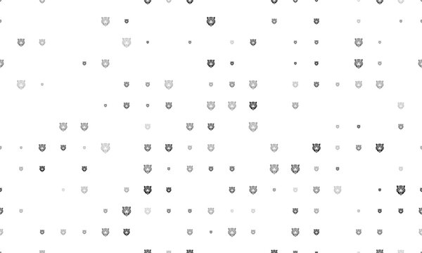 Seamless background pattern of evenly spaced black tiger head symbols of different sizes and opacity. Vector illustration on white background
