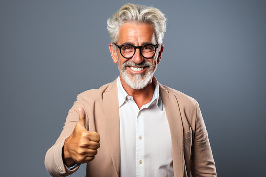 portrait of a expression of a happy laughing senior man with grey hair against grey background who holds his thumb up 