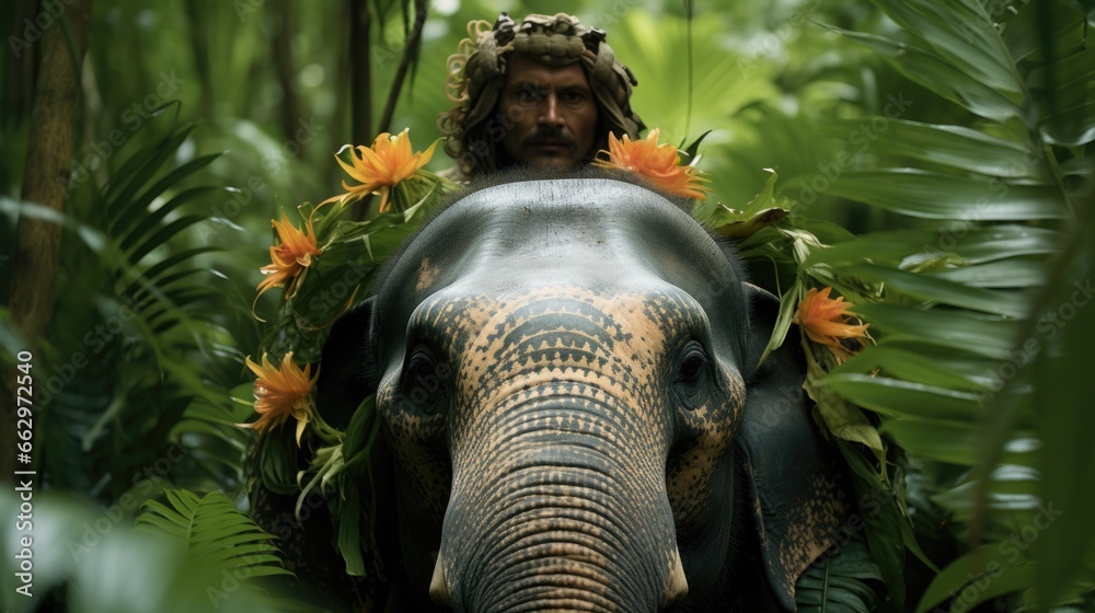 Canvas Prints A man riding an elephant in the jungle, AI