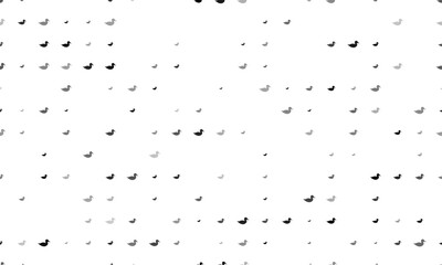 Seamless background pattern of evenly spaced black duck symbols of different sizes and opacity. Vector illustration on white background