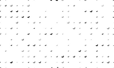 Seamless background pattern of evenly spaced black duck symbols of different sizes and opacity. Illustration on transparent background