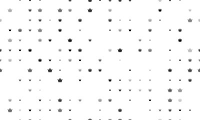 Seamless background pattern of evenly spaced black maple leaf symbols of different sizes and opacity. Illustration on transparent background
