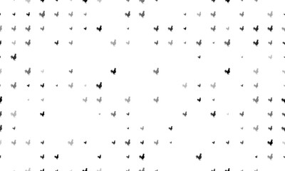 Seamless background pattern of evenly spaced black rooster symbols of different sizes and opacity. Vector illustration on white background