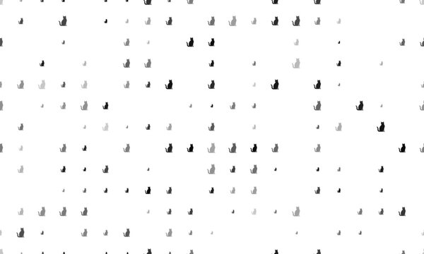 Seamless background pattern of evenly spaced black cat icons of different sizes and opacity. Vector illustration on white background