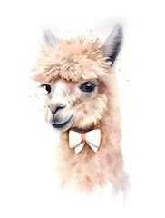 Watercolor llama with bow tie isolated on white background. Hand drawn llama illustration.