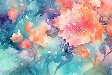 Abstract floral background in teal, pink, and orange watercolors. Vibrant and appealing. Generative AI - obrazy, fototapety, plakaty