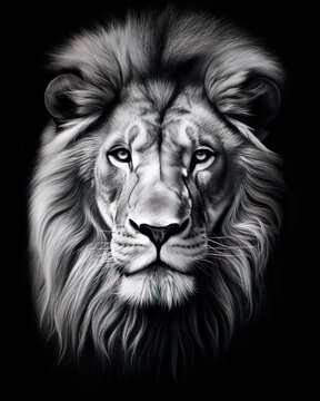 Lion head isolated on black background. graphics hand drawn illustration.