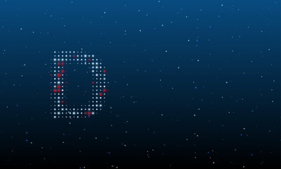 On the left is the capital letter D symbol filled with white dots. Background pattern from dots and circles of different shades. Vector illustration on blue background with stars