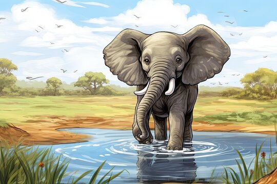 Cheerful Elephant Splashing Water: Cartoon Image of Elephant in African Savannah Watering Hole, generative AI
