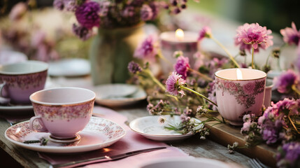 Fototapeta premium table setting with flowers in purple colors