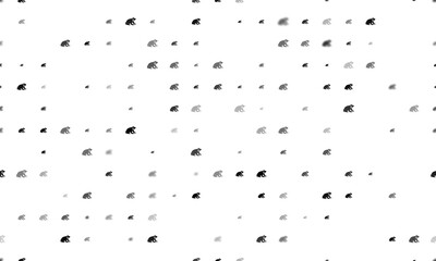 Seamless background pattern of evenly spaced black funny frogs of different sizes and opacity. Illustration on transparent background