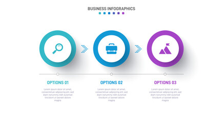 Timeline infographic with infochart. Modern presentation template with 3 spets for business process. Website template on white background for concept modern design. Horizontal layout.
