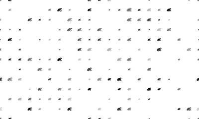 Seamless background pattern of evenly spaced black funny frogs of different sizes and opacity. Vector illustration on white background