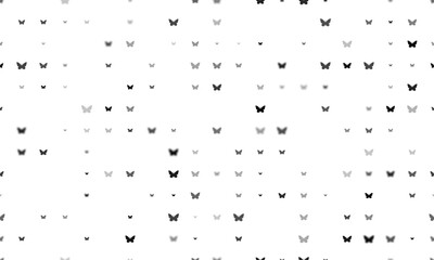 Seamless background pattern of evenly spaced black butterfly symbols of different sizes and opacity. Vector illustration on white background