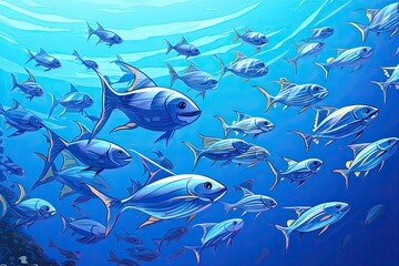 Colorful Fish Clip Art: Captivating School of Fish Swimming in Harmony in the Clear Blue Sea, generative AI