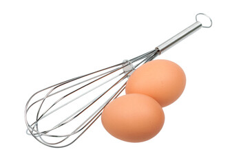 Manual egg beater and three eggs. Png clipart isolated on transparent background