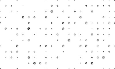 Seamless background pattern of evenly spaced black dragon's head symbols of different sizes and opacity. Illustration on transparent background