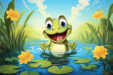 Fototapeta premium Frog Cartoon: Joyful Frog Hopping on Lilypads in Sunny Pond - Captivating Digital Image, generative AI