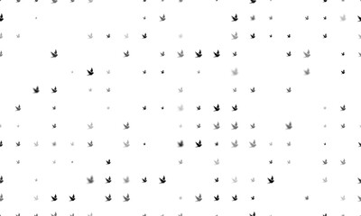 Seamless background pattern of evenly spaced black bird symbols of different sizes and opacity. Illustration on transparent background