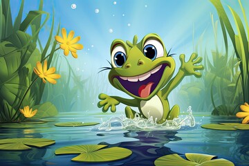 Fototapeta premium Frog Cartoon: Playful Jolly Frog Hopping on Lily pads in a Serene Pond - Capturing Nature's Playfulness, generative AI