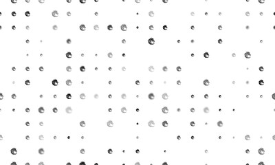 Seamless background pattern of evenly spaced black dragon's head symbols of different sizes and opacity. Illustration on transparent background