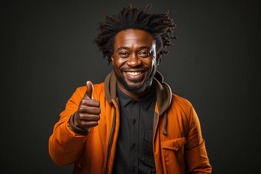 portrait of a expression of a happy laughing afro american man with brown hair against colorful background who holds his thumbs up 