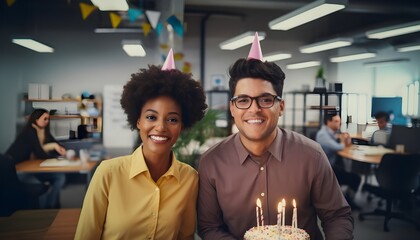 Two young multiracial people in the office celebrating a birthday with cake and party hats