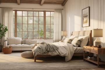 Sunlit Bedroom with Plush Bedding, Wooden Accents, and a Relaxing Seating Area Overlooking Serene Nature - obrazy, fototapety, plakaty