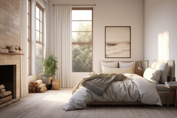 Clean Bedroom with Natural Light, Fireplace, and Artistic Decor Overlooking a Lush Landscape - obrazy, fototapety, plakaty