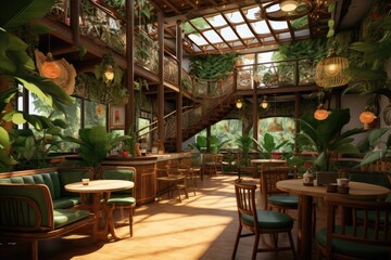 Fototapeta premium Lush Greenhouse Cafe with Wooden Furnishings, Sunlit Skylight, Arching Bridge, and an Array of Hanging Tropical Plants Creating an Urban Oasis