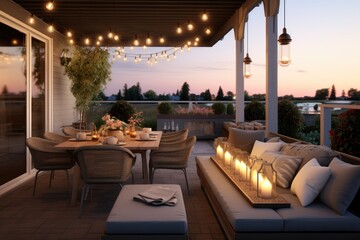 Rooftop Terrace at Dusk with Illuminated String Lights, Set Dining Table, Comfortable Seating Area, Overlooking Serene Suburban View - obrazy, fototapety, plakaty