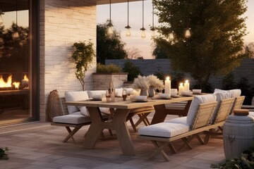 Fototapeta na wymiar Outdoor Dining Space with Plush White Cushioned Chairs, Rustic Wooden Table, Candlelit Ambiance, Nestled Beside Modern Fireplace at Golden Hour