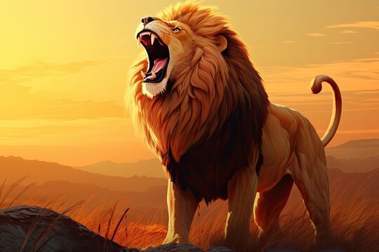 Lion Clipart: Majestic Roaring Lion with Glowing Mane in Golden Wilderness, generative AI