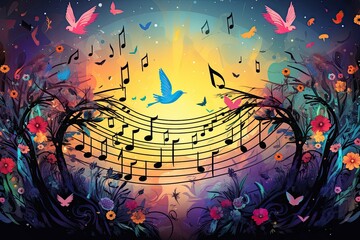 Music Clipart: Rhythm and Harmony Symbolized with Dancing Musical Notes on Staves, generative AI - obrazy, fototapety, plakaty