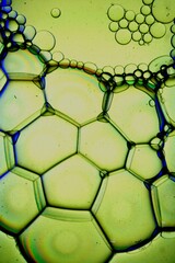 Burbujas verdes flotando  en la superficie líquida de agua y aceite,  forman un diseño geométrico hexagonal de patrones abstractos, formando un original diseño  colorido para fondos.