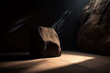 Dark stone stand with sunlight casting shadow for item presentation against rocky backdrop. Generative AI