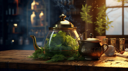 Tasse de thé, infusion aux plantes. Boisson chaude ou froide. Ambiance chaleureuse, réconfort, calme. Arrière-plan pour conception ou création graphique.