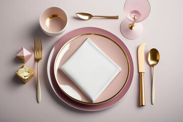 Empty tableware with a pink napkin, food styling plating props, deluxe set for a wedding, event, date, party, or luxury home interior decor brand, holiday design. Generative AI