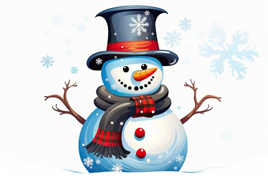 Snowman Clipart - Jolly Snowman with Top Hat and Scarf in Wintry Backdrop, generative AI