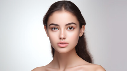 beauty portrait of a cool female brunette model against white background