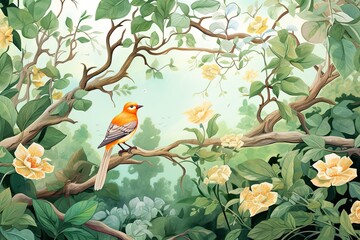 Spring Clipart: Blooming Flowers, Chirping Birds, and Fresh Green Leaves - Beautiful Spring Scene Illustration, generative AI