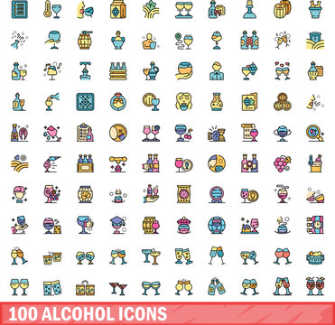 100 alcohol icons set. Color line set of alcohol vector icons thin line color flat on white