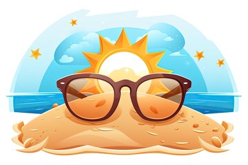 Cheerful Sun Clipart with Sunglasses Casting Rays over Sandy Beach - SEO Friendly Image title, generative AI