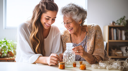 grandfmother with her adult daughter doing some creative activity - obrazy, fototapety, plakaty