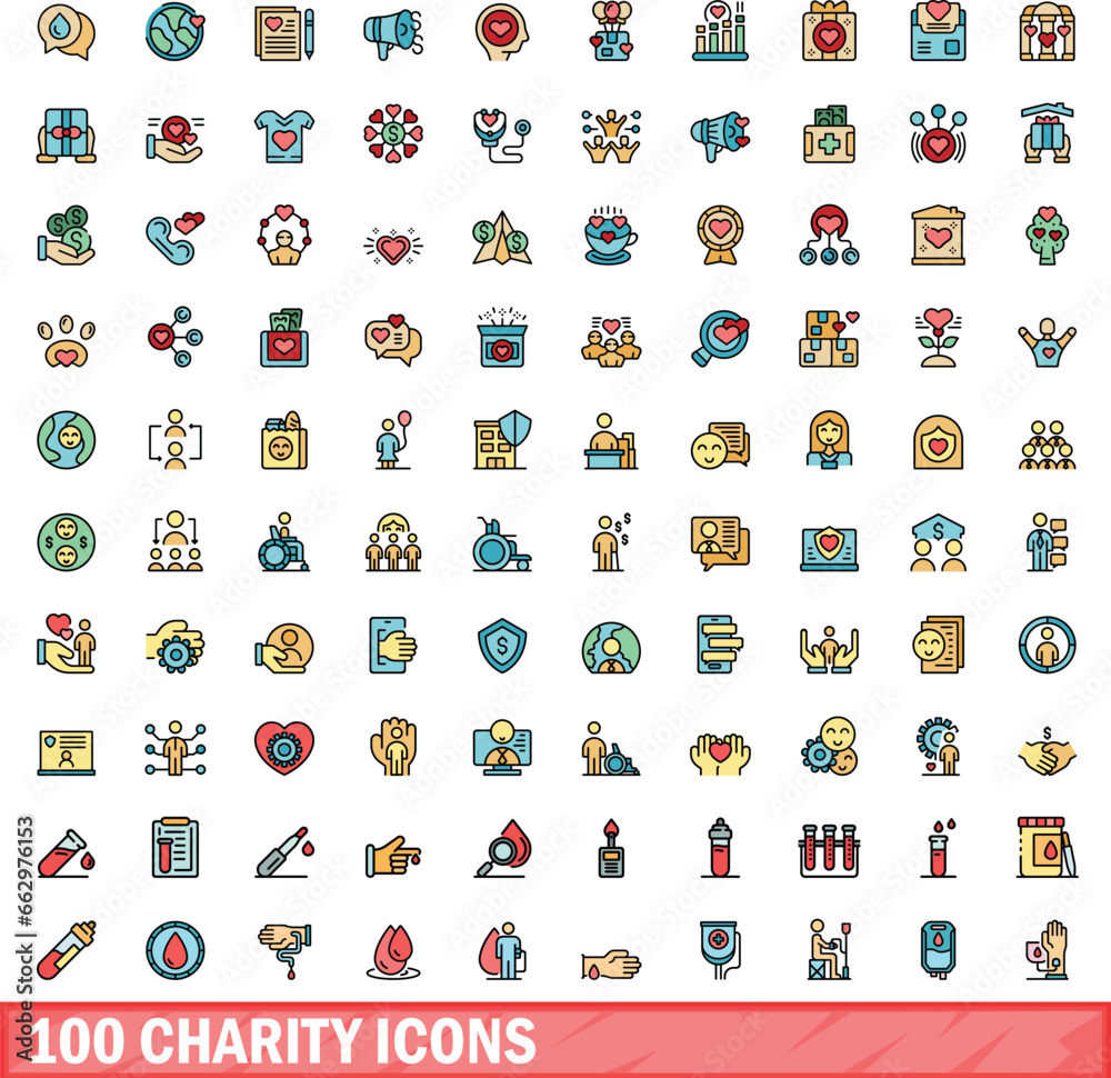 Sticker 100 charity icons set. Color line set of charity vector icons thin line color flat on white - Stickers
