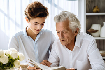 grandfather with his grandson doing some paperwork