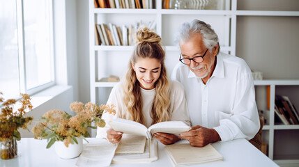 grandfather with his adult granddaughter reading a book 