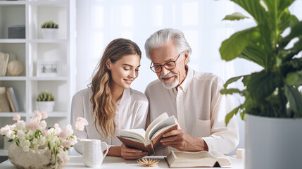 grandfather with his adult granddaughter reading a book  - obrazy, fototapety, plakaty