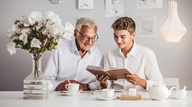 grandfather with his grandson reading a book