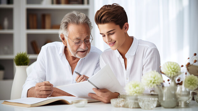 grandfather with his grandson doing some paperwork